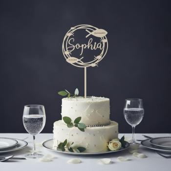 Runder Caketopper aus Birkenholz mit personalisiertem Namen, Anlass und Datum